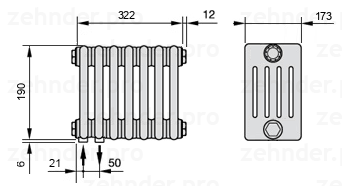 Схема (чертеж) Радиатор Zehnder Charleston 5019/7 №3370 Белый глянцевый RAL 9016